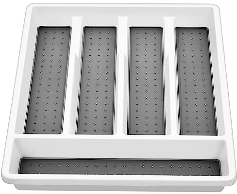 HaWare Besteckkasten für Schubladen, Kunststoff Besteckeinsatz mit 5 Fächern für Löffel Gabeln Messer, Schubladeneinsatz für Küche/Büro, Weiches Futter & Rutschfeste Gummifüße, Weiß & Grau, 32,5x29cm