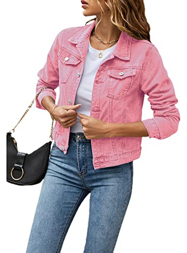 Geagodelia Women's Denim Jacket Ladies Vintage Short Jean Jackets Button Down Sweatshirt Y2K Aesthetic Top UK Spring Summer Autumn (Pink, S)