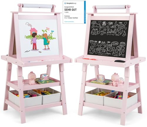 COSTWAY 3 in 1 Kinder Staffelei, Kindertafel doppelseitig, Whiteboard & Kreidetafel & Zeichenpapier, Standtafel inkl. Magneten, 2 Regalebenen Holztafel mit 2 Aufbewahrungsboxen (Rosa)