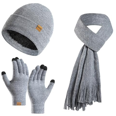 Set di 3 Guanti Invernali Caldi Con Sciarpa e Beanie Cappello da Sci per Donne e Uomini - In Maglia, Pile, Touchscreen - Grigio, Taglia Unica