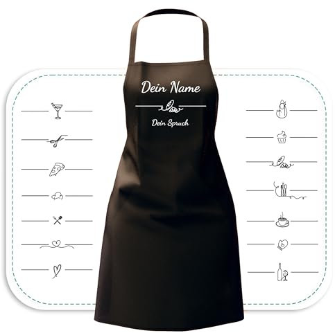 Schürze personalisiert mit Motiv & Wunschtext bestickt - Individuell personalisierte Kochschürze aus hochwertiger Baumwolle als besonderes Geschenk (Schwarz)
