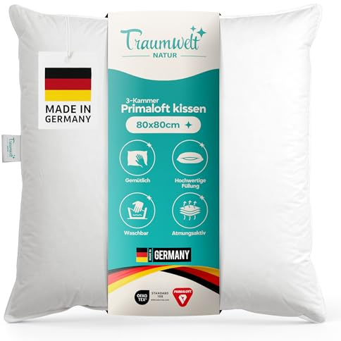 Traumwelt Natur Made in Germany Kopfkissen 80x80 cm, mit Primaloft Bio Mikrofasern-Füllung, weiß, Füllgewicht: 1500g. Allergiker geeignet, Öko-Tex 100, biologisch abbaubar, Klimaneutral