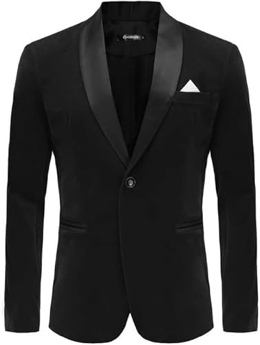 Män sammet blazer sjal smoking smal passform kostym jacka perfekt för bröllop bal formella evenemang, Svart, L