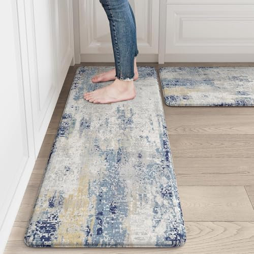 LEEVAN Kitchen Mats Cushioned Anti Fatigue Blue Set of 2,Non Slip Waterproof Kitchen Mats for Floor,Memory Foam Comfort Abstract Kitchen Floor Mat for Sink,Laundry,Home,Office,Desk(17x29+17x47)