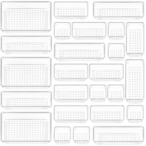 ZAOUEL 25 Pezzi Organizer per cassetti trasparente con scatola, 4 dimensioni Organizzatore per toeletta, organizer trasparente antiscivolo per trucchi per bagno, cosmetici, toeletta, cucina, ufficio