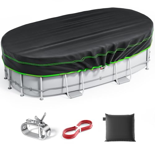 12x24 Ft Oval Pool Cover - Heavy Duty Solar Rectangular Pool Cover Protector, Waterproof & Tear-Resistant with Winch & Cable, Ideal for Winter & Dustproof Use