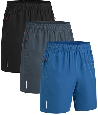 kuzwufs 3er Pack Sporthosen Herren Kurze Sommer Jogginghose Sport Shorts Mit Taschen Fussball Hose Kurz Tennishose Basketball Hose Männer Fitness Shorts Turnhose-Schwarz/Grau/Blau-L