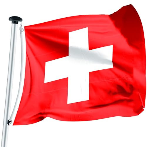 FLAGLY Drapeau suisse de qualité supérieure - 100 x 100 cm - Drapeau en polyester 115 g/m² - Robuste et résistant aux intempéries avec œillets (100 x 100 cm, Suisse)