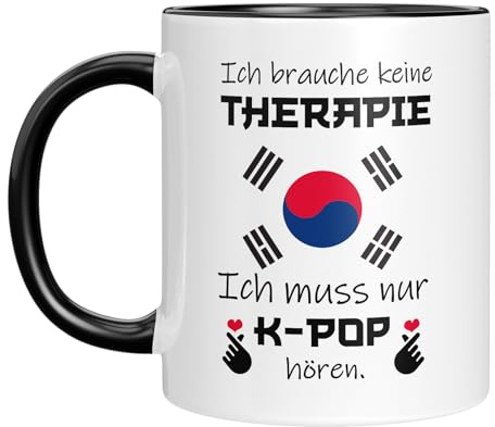 Coole Tasse K-Pop – Ich brauche keine Therapie, ich muss nur K-Pop hören – Geschenkidee für Fans der koreanischen Musik & Kultur, Manga, Anime - Schwarz