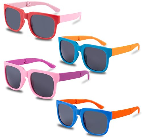Leikedun 4 Pcs Kids Sunglasses, Foldable Stylish Polarized Childrens Sunglasses Boys Girls Colored Flexible Frame Sunnies UV Protection for Toddlers Kids Party Outdoor Activities