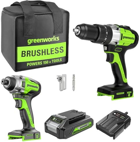 Greenworks Set di attrezzi a batteria da 24 V, trapano a percussione 60 Nm, avvitatore a percussione 300 Nm, batteria da 2 Ah, caricabatterie