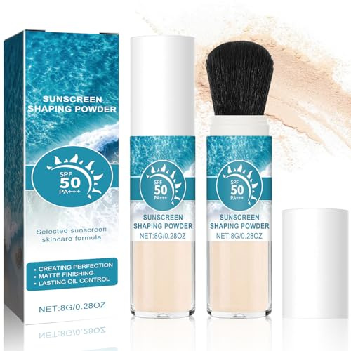 2 Pièces Poudre de Protection Solaire SPF 50 pour le Visage, Poudre Fixatrice de Protection Solaire Minérale, Poudre Libre avec Pinceau, Contrôle de L'huile, Translucide, Durable, Légère et Respirante