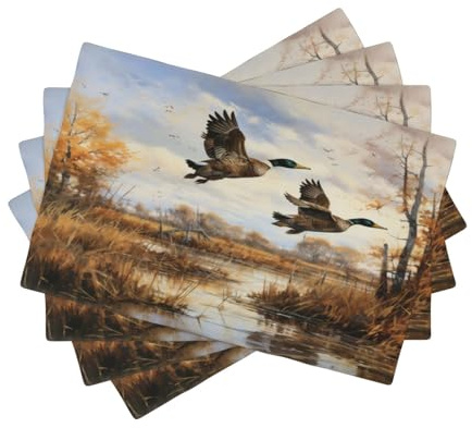 Vintage Duck Placemats Farmhouse Country Nature Rustic Oil Painting Fall Forest Reeds Pond Hunting Animals Placemats Table Kitchen Dining Party 12x18 Inch Set of 4