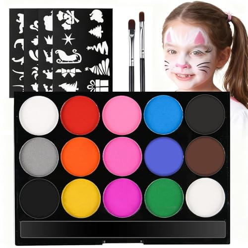 Barnsminkset – 15 färger, sminkfärger, makeuppalett, halloween, tvättbar ansiktsfärg, bodypaint sminkset, kroppsfärg, cosplay-sminkset med 2 penslar och 32 tatueringar för karneval, make-up karneval