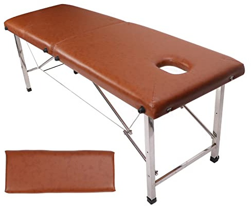 Wfnihonhon plegable, cuero suave PU, mesa de masaje marrón claro para el hogar, salón de belleza, hotel con soporte de acero inoxidable