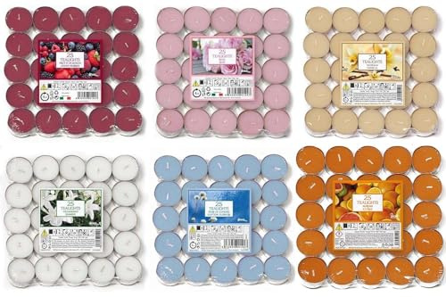 Assorted Scented 150 Tealights – Pack of 6, 4 Hour Burn, Long Lasting Tea Light Candles for Aromatherapy, Spa & Home Ambience