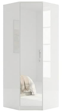 GLAMORA High Gloss 1 Door Corner Wardrobe with Hanging Rail and Shelves – Spacious Storage Cabinet for Bedroom | Modern Bedroom Wardrobes for Clothes, Shoes & Toy Storage (White)