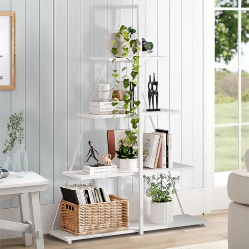 Aptliton 4-Tier Slim Ladder Bookshelf for Home & Office, Space-Saving Corner Bookcase with Durable Particle Board, Multi-Purpose Storage Shelf for Books, Plants & Decor, White Finish