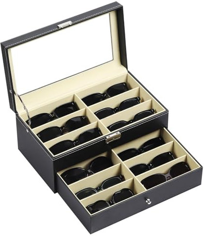 AUTOARK Leather 12 Piece Eyeglasses Storage and Sunglass Glasses Display Drawer Lockable Case Organizer,Black,AW-023
