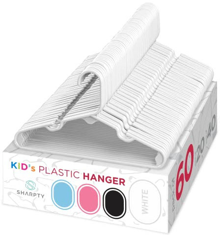 Sharpty Kids Plastic Hangers, Children's Hangers for Baby, Toddler, and Child Clothes - Everyday Standard Use - Ideal for Boys and Girls Closet, Clothing, Pants, Coats, and More - White, 60 Pack