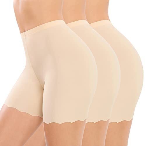 UMIPUBO Panty Femme Anti Frottement Short sous Robe Doux Shorts de sécurité Legging sous Jupe Culottes Cycliste Boxer Yoga Shorty Caleçon sous-Vêtements (Court-Beige*3, L)