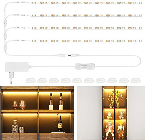 WOBANE LED Vitrinenbeleuchtung,Heller Warmweiß küchenbeleuchtung mit Schalter,4 x 50cm Flexibel LED Streifen für Bücherregal,Regale,Küche,Schrank,12V Lichtleiste,120 LEDs,1200 Lumen,2700K