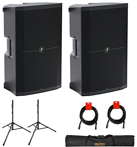 Mackie Thump215 1400W 15 Powered PA Loudspeaker System (Pair) Bundle with Auray SS-47S-PB Steel Speaker Stands, Carrying Case, and 2X 20 XLR-XLR Cable