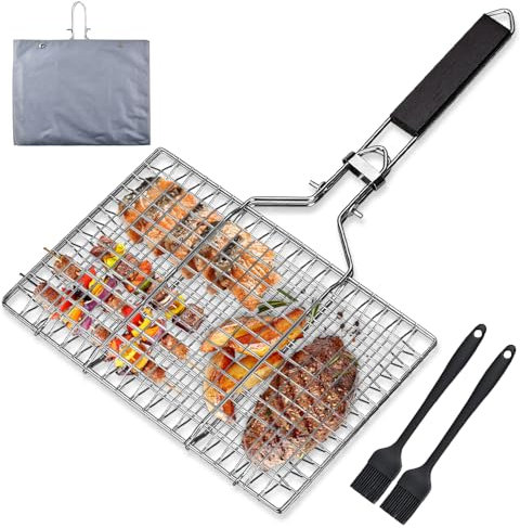 Udbrud Cesta para Asar a la Parrilla, Portátil Canasta Parrilla Viene de Acero Inoxidable con 2 Cepillos de Silicona y 1 Bolsa de Almacenamiento para Pescado Asado, Verduras, Camarón, Carne