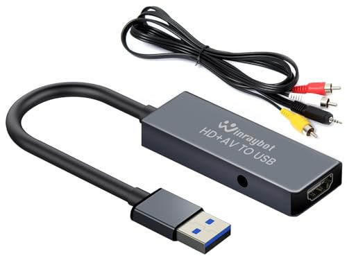Carte de capture vidéo USB pour VHS/HDMI/AV/RCA - Convertisseur vidéo analogique vers numérique - Convertisseur VHS vers numérique/USB/RCA - Compatible Mac / Windows / Linux