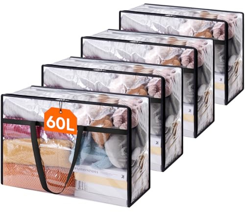 Lifewit 4 Pack Clear Clothes Storage Bags, 60L Plastic Blanket Storage Bag, Vinyl Foldable Moving Bags with Zipper, Closet Organizers and Storage Containers for Bedding, Duvet, Comforter