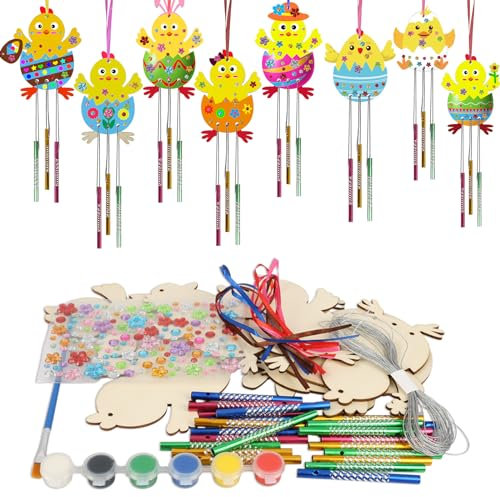 HAKOTOM 8 Stück Osterküken Windspiel Bastelset Kinder Ostern Küken Basteln Holz Osterbasteln Klangspiele DIY Bastelhandwerk zum Bemalen für Osterndeko Garten Haus Frühling Dekoration