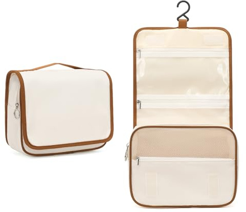 Kono Hängande necessär för resor för män och kvinnor, vattentät multifunktionell toalettartiklar sminkväska med hängande krok, sminkväska för kvinnor i full storlek behållare, Beige och brun,