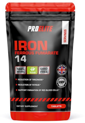 Iron Tablets High Strength 14mg - 365 Tablets - Vegan Energy Tablets for Tiredness and Fatigue - High Absorption Iron Supplements for Women and Men - Made in The UK by PROELITE