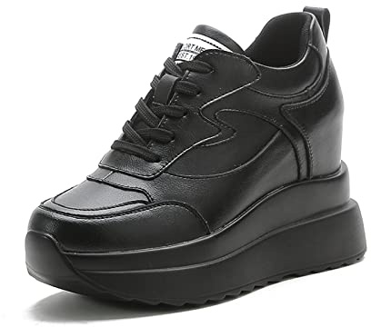 MIEHUIAI Sneakers Alte Donna Sneakers Zeppa Interna Eleganti Piattaforma Scarpe con Tacco Interno 10 cm Moda Pelle Casual Scarpe da Ginnastica (Nero,Taglia 38)