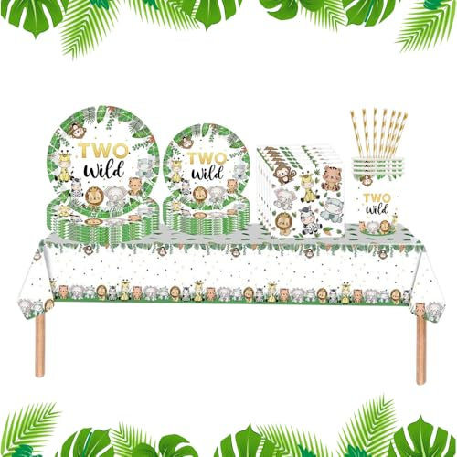 Two Wild Birthday Party Decorations & Tableware Set – Jungle Safari Theme, Cups, Napkins, Plates, and Tablecover for 2nd Birthday Party