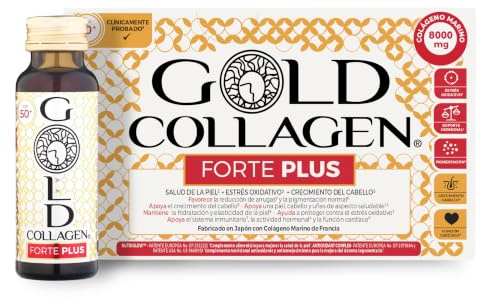GOLD COLLAGEN New Forte Plus - Complemento con 8g de Colágeno Marino Hidrolizado y Biotina para el Cabello para Piel y Sistema Inmunitario, Vitamina C y Ácido Hialurónico, 1 Caja x 10 Botellitas 50 ml