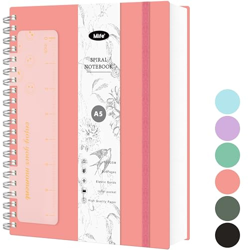 Mlife Notebook A5 Dotted,Bullet Dot Journal,300Page Spiral Notebook,100g/M² Ink-Resistant Paper,PVC Hardcover，with Ruler,Expandable Pockets,Elasticated Ribbon,14.5 * 21cm(Pink)
