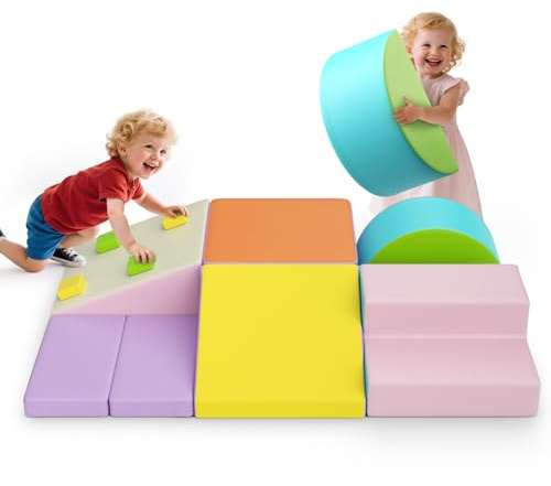 MINENICE 5 blocchi di schiuma per bambini, grandi blocchi da arrampicata per interni, ponteggi da arrampicata per bambini (tunnel blu e rosa)