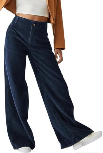 Joligiao Pantaloni Donna Invernali Eleganti Pantaloni di Velluto a Coste Elastico in Vita Pantaloni Larghi retrò Pants da Donna Pantalone Velluto Ampia Pantalone de Spiaggia Inverno(Blu Navy,M)