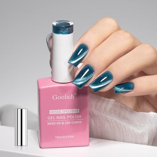 Goolich Glass Katzenauge UV Nagellack, 15 ML HEMA & TPO Frei Türkis Blauer Holografischer Glitzer Schimmer Magnet Gel Nagellack mit Magnet Ablöse UV LED Nageldesign Maniküre Salon