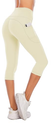 Steppe Leggings Yoga Capri Stampati da Donna a Vita Alta con Tasche, Leggings da Controllo della Pancia, Opachi, Capri a Compressione per Sport & Fitness, Bianco Nuvola-M