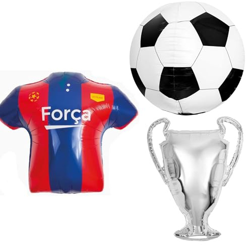 AMZSystems - Pack 3 Globos Foil Fútbol Camiseta Azulgrana 69 cm Balón 60 cm y Copa 80 cm Decoración Fiesta Cumpleaños Infantil Adultos Eventos Deportivos Aniversario ads