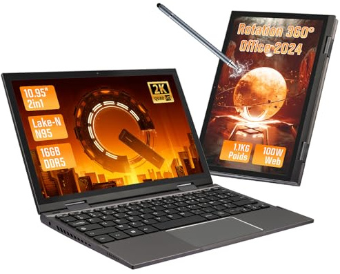 LONGEVINCE Mini Ordinateur Portable 2 en 1 De 10,95 Pouces, Écran Tactile 2000 * 1200, Celeron N95(Jusqu'à 3,4 GHz), 16 Go DDR5, 960 Go SSD,2X Type - C, BT 5.0 (Gris, 16G + 960G SSD