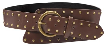 GNOLONG Retro Adjustable Boho Leather Belt Wide Disc Studded Rivets Metal Buckle Vintage Western Cowgirl for Jeans Pants Dress Cosplay (Brown)