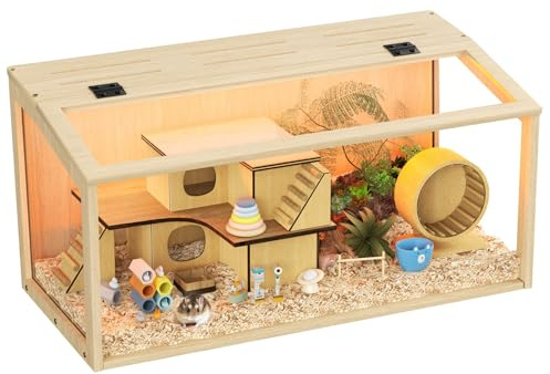 BingoPaw Wooden Hamster Cage Chewproof: Wood Large Hamster Cages Habitats Openable Top with Tempered Glass, Built-in LED Light for for Dwarf Syrian Hamster, Gerbil, Rats L(80 * 40 * 40cm)