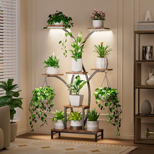 Mutool 7 Tier Plant Stand Indoor with Grow Lights, 160cm Tall Plant Shelf for Flower Display, Corner Flower Holder for Home, Living Room, Office & Patio Decor, Brown