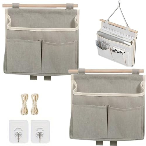 Qanye 2 Piezas Organizador Colgante para Puerta, Bolsa de Almacenamiento de Tela, Fácil Instalación con Gancho Adhesivo, Alta Capacidad, Multiusos, para Dormitorio, Baño, Cocina, Oficina (Gris)