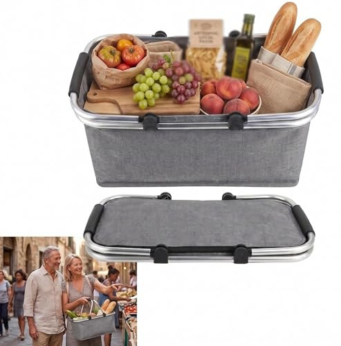Hopfällbar shoppingkorg, shoppingkorg med kylfunktion, termo som picknickkorg, bärkorg, för picknick, resor, shopping (grå)