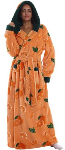 Rivage Nuancé Women's Plush Flannel Robe - Hooded, Long Soft Bathrobe with Pockets, Super Warm, Loungewear for Women (Orange)