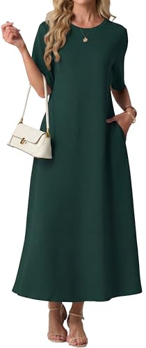 GRECERELLE Women Dresses Crew Neck Short Sleeve Loose Maxi Dress with Pockets Ladies Casual Dresses A Line Elegant for Summer Spring Party Weddings Holidays
